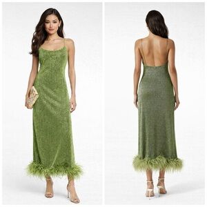 Oséree Lumière Plumage Green Metallic Maxi Dress Feather Hem Size S NWT